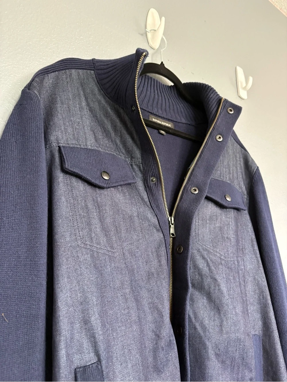 Banana Republic Men's Navy Mixed-Media Sweater Jacket Full Zip Size XL